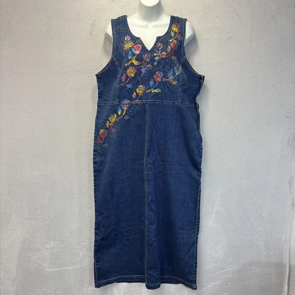 Vintage 90s Denim Painted Maxi Dress Womens XL Blue Floral Embroidered Artsy